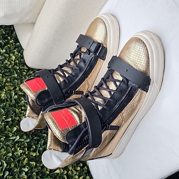 Giuseppe ZanottiMen's Metallic Leather Mesh High-Top Sneaker, Gold